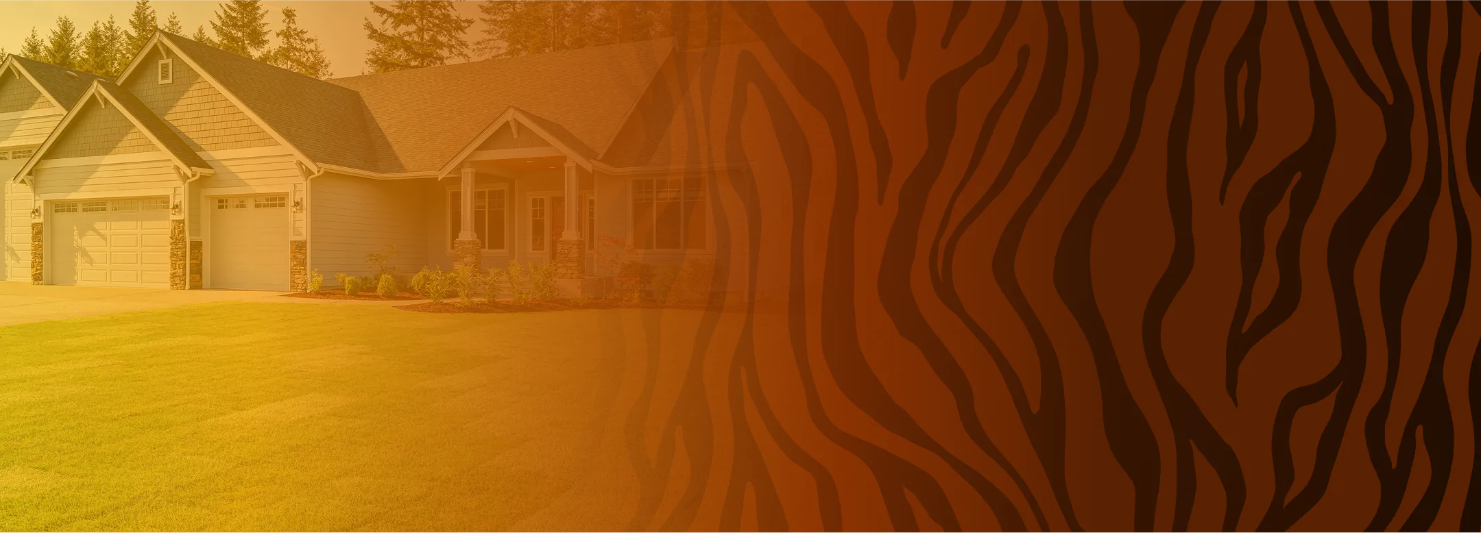 A suburban home under an orange tiger-stripe overlay, serving as a branded background for residential roofing by ROOF TIGER.
