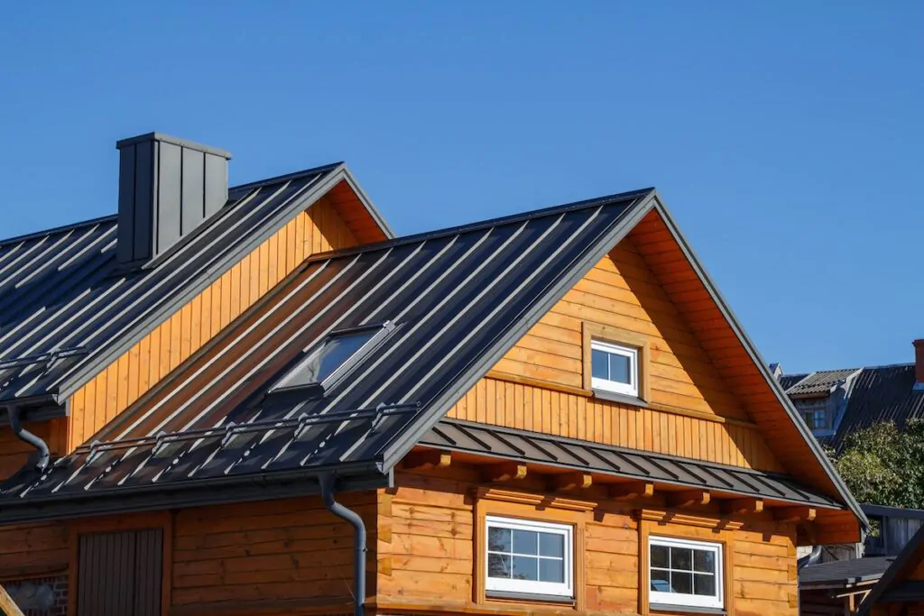 Wooden houses. Classic metal roof. Colorful Houses metal roof colors