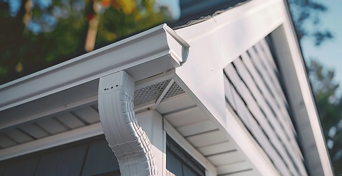 A high-definition close-up of the end of seamless gutters featuring a professionally crimped end cap and a corrugated downspout elbow.