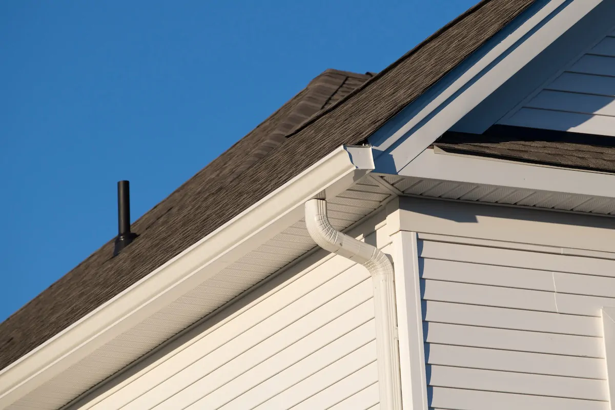 White plastic rain guttering system guttering drainage pipe exterior modern wall vinyl new