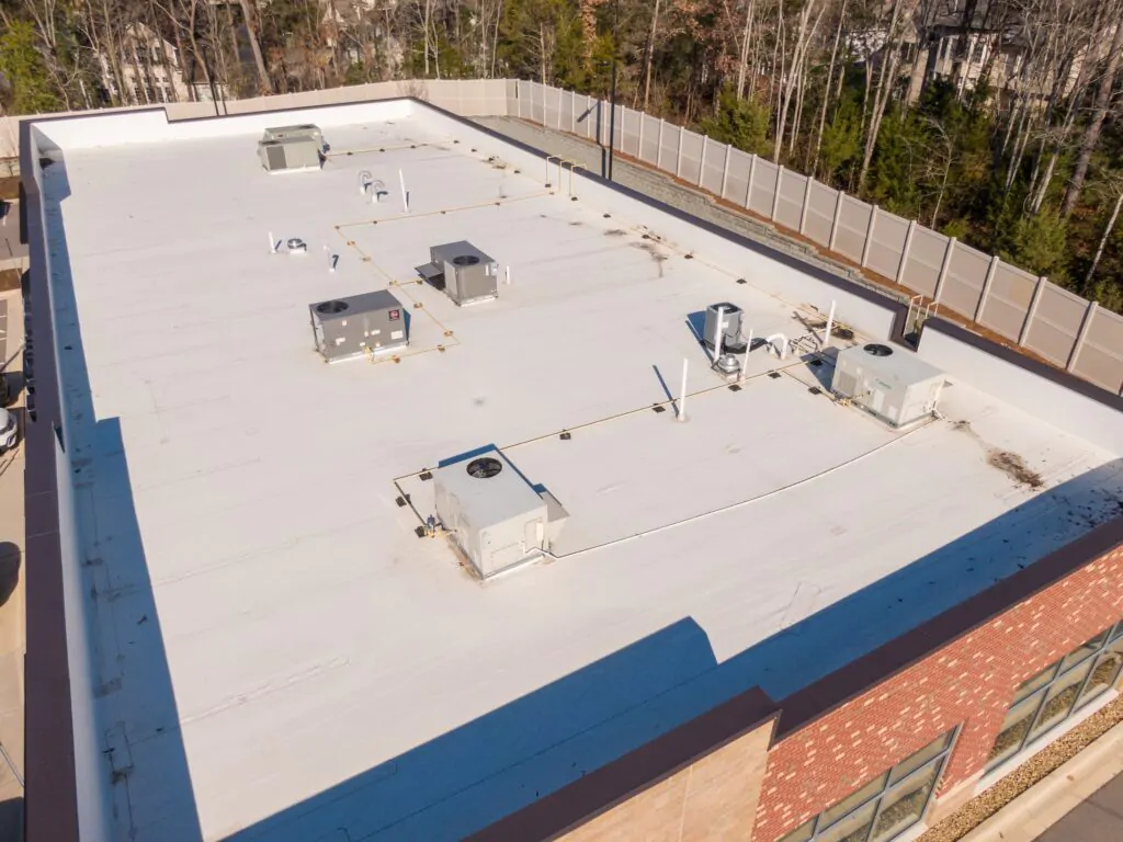 Sunny Day Time Drone Images of New TPO Roofing System on a New Commercial Building in Raleigh North Carolina: No People, Engineering, Architecture, Trades
