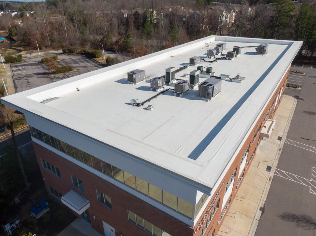 commercial roof installation Drone Photos of TPO Commercial & Residential Roofing