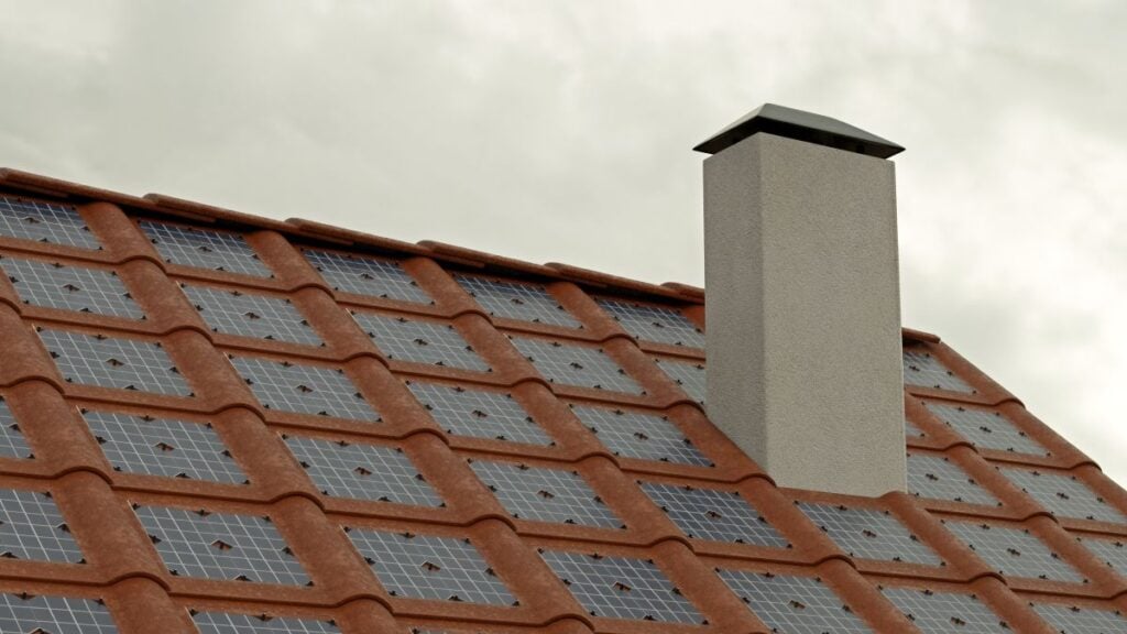 Roof of solar tiles with chimney, cloudy weather