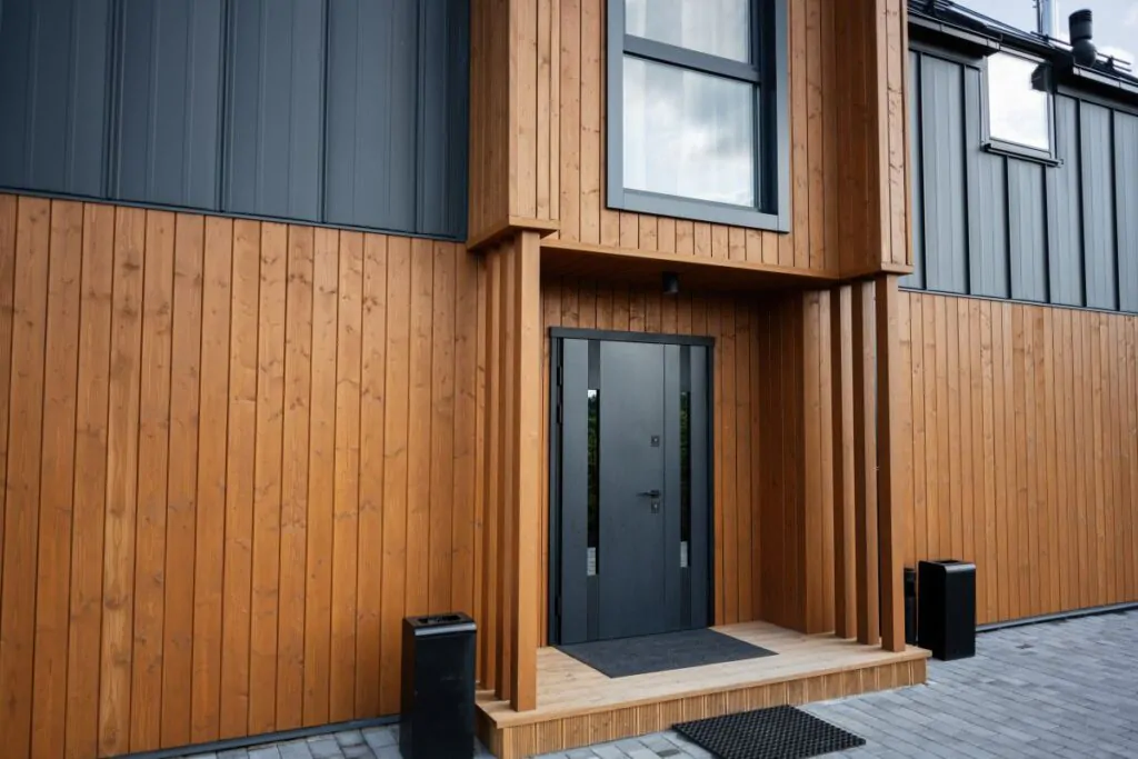 Modern wooden house exterior with stylish entrance and vertical siding design