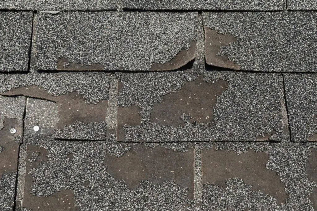 Broken and worn asphalt roofing shingles, with signs of granule loss